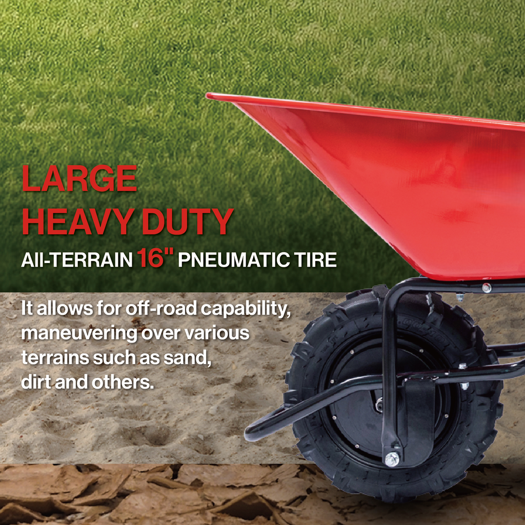 Red heavy duty wheelbarrow with a inch allterrain pneumatic tire