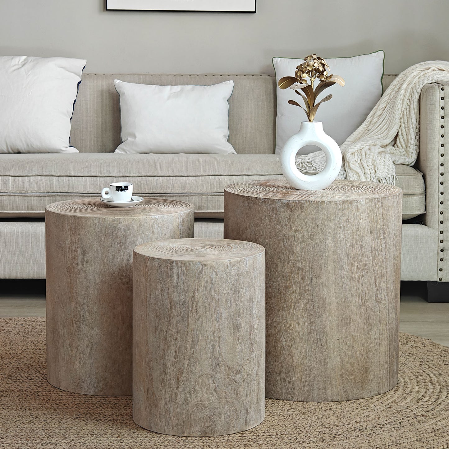Rustic wood log side table with natural grain detail adds organic texture to living room decor