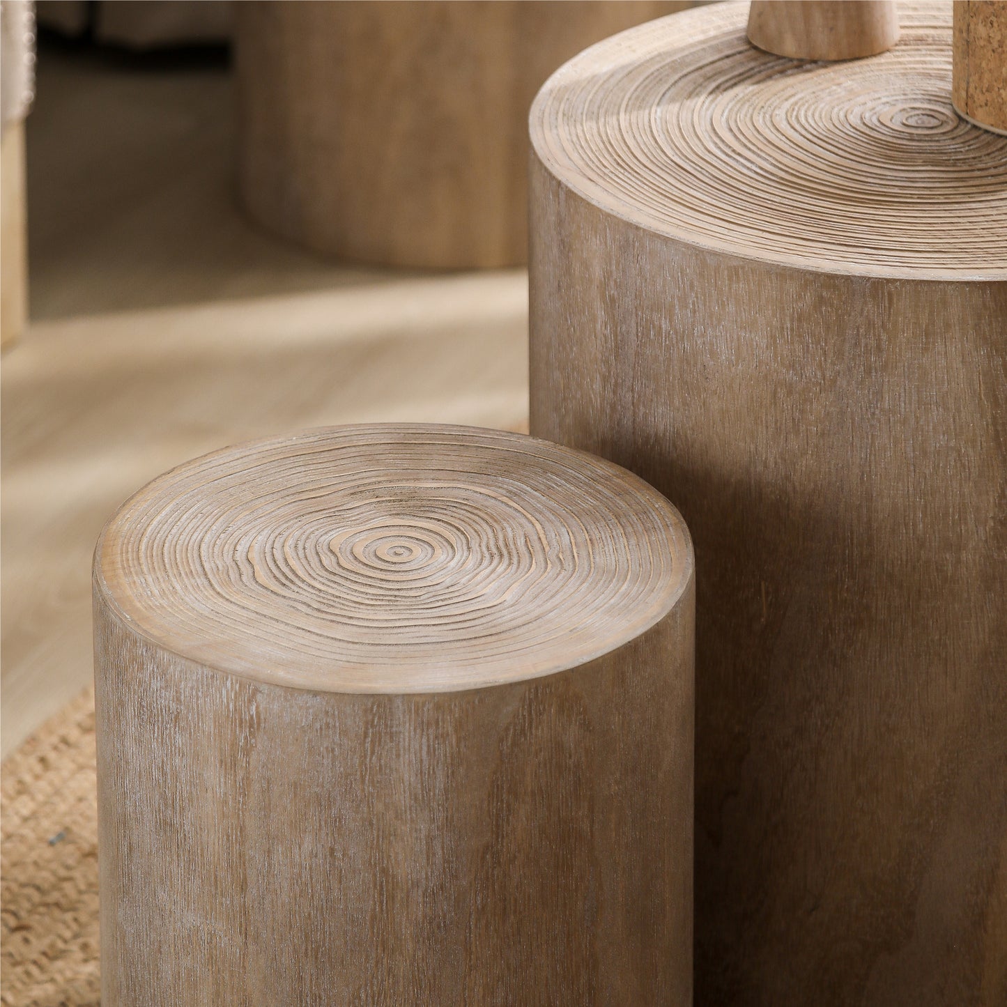 Textured faux wood stump side table with natural wood grain perfect for rustic decor