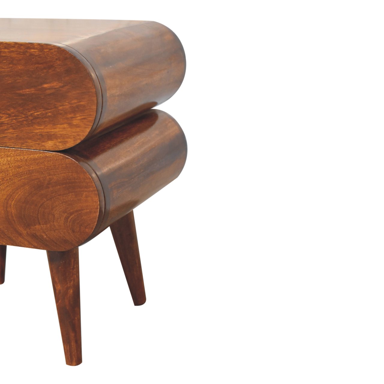 Curved wooden bedside table with two stacked drawers and angled legs