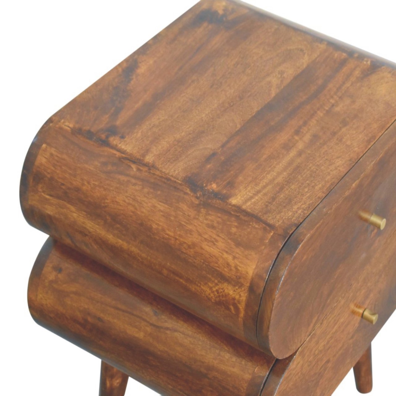 Curved wood bedside table with two drawers and brass knobs