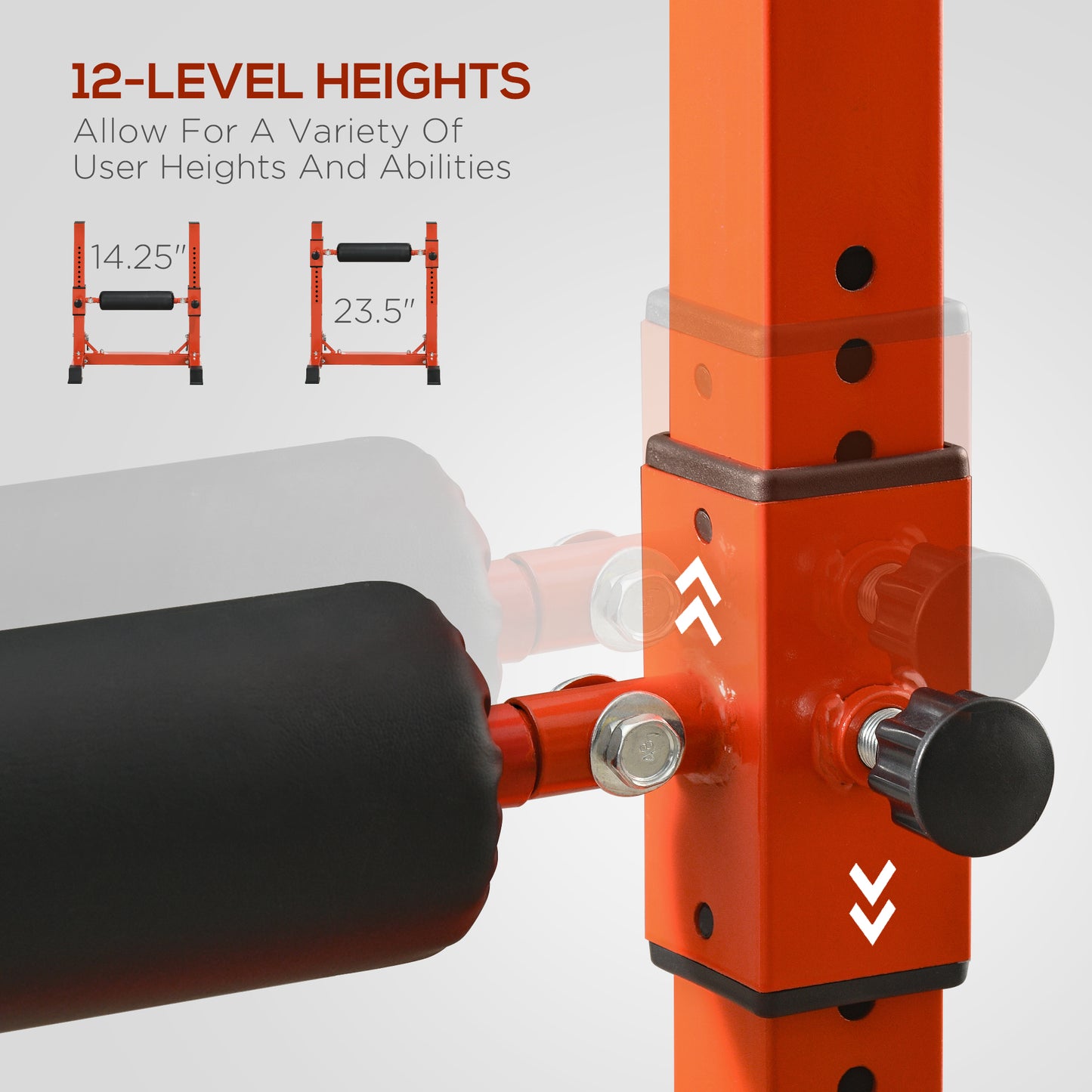 Orange weight bench with adjustable height legs for versatile workout