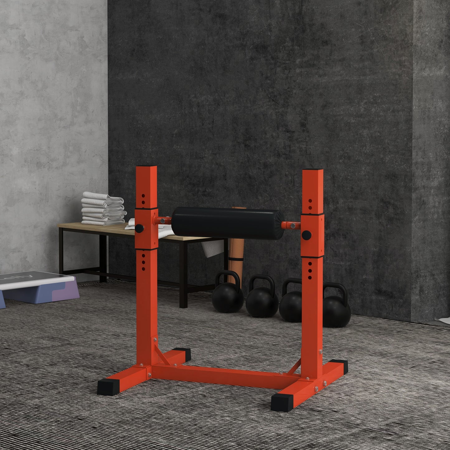 Orange adjustable squat rack with padded bar holder essential for home gym workouts