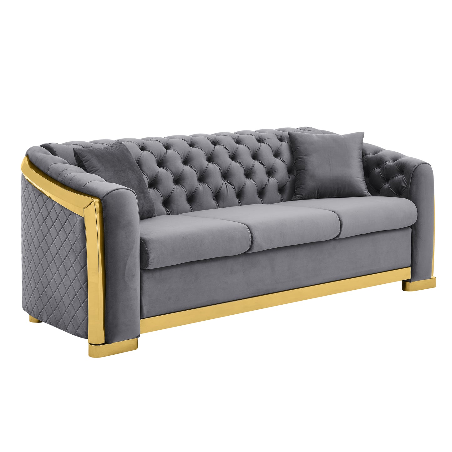 Luxury grey velvet sofa with diamond tufting and gold trim
