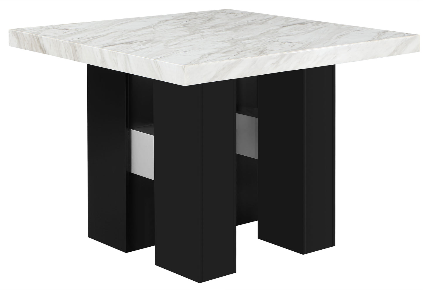 Square dining table with white marblelook top and black pedestal base