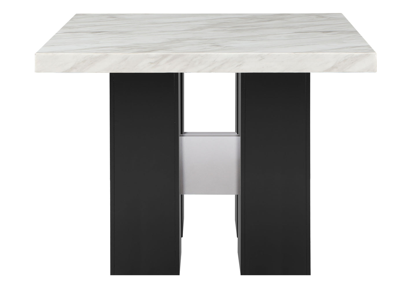 Square marble top dining table with black pedestal base