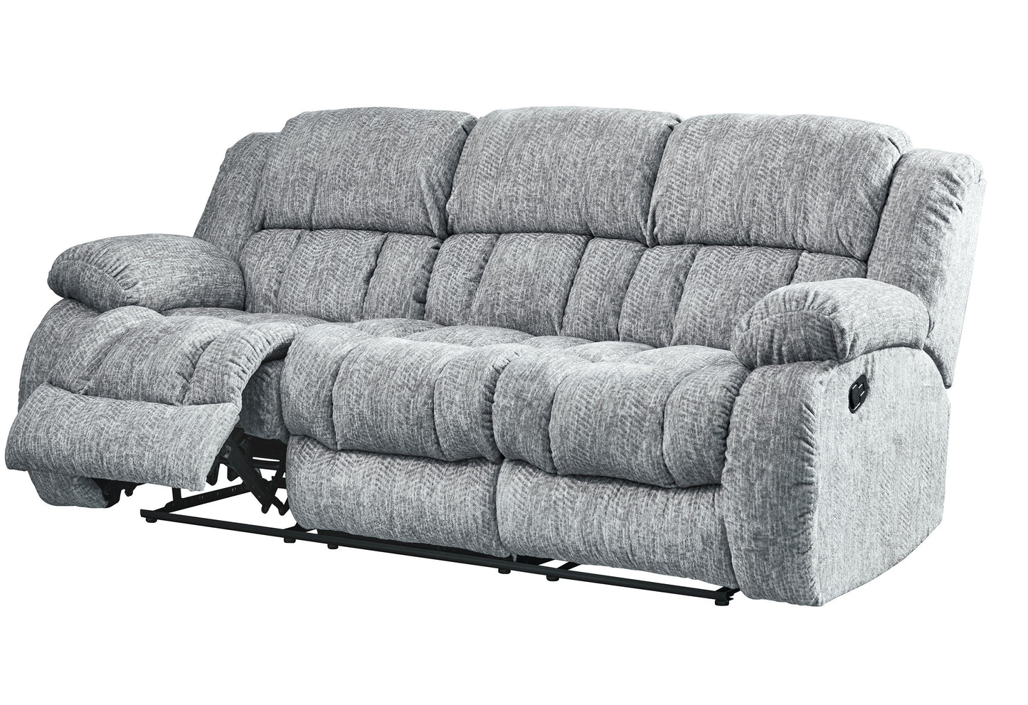 Plush gray fabric recliner sofa with three seats and extended footrests perfect for home theater seating
