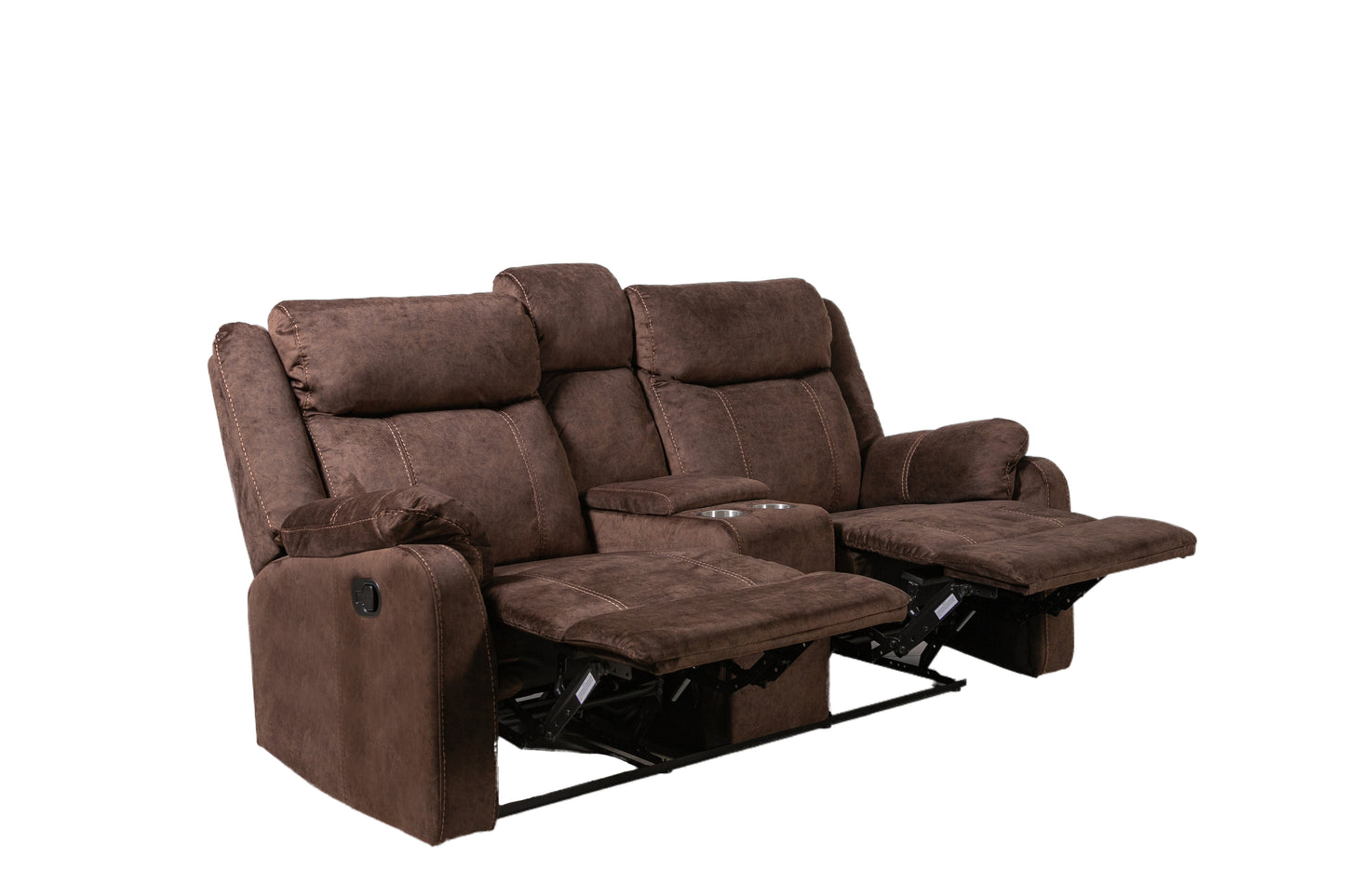 Brown fabric double recliner sofa with cup holders