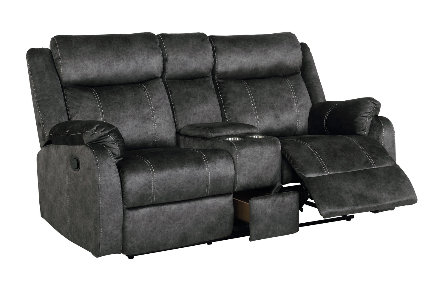 Dark gray faux leather loveseat recliner with white stitching and dual cup holders