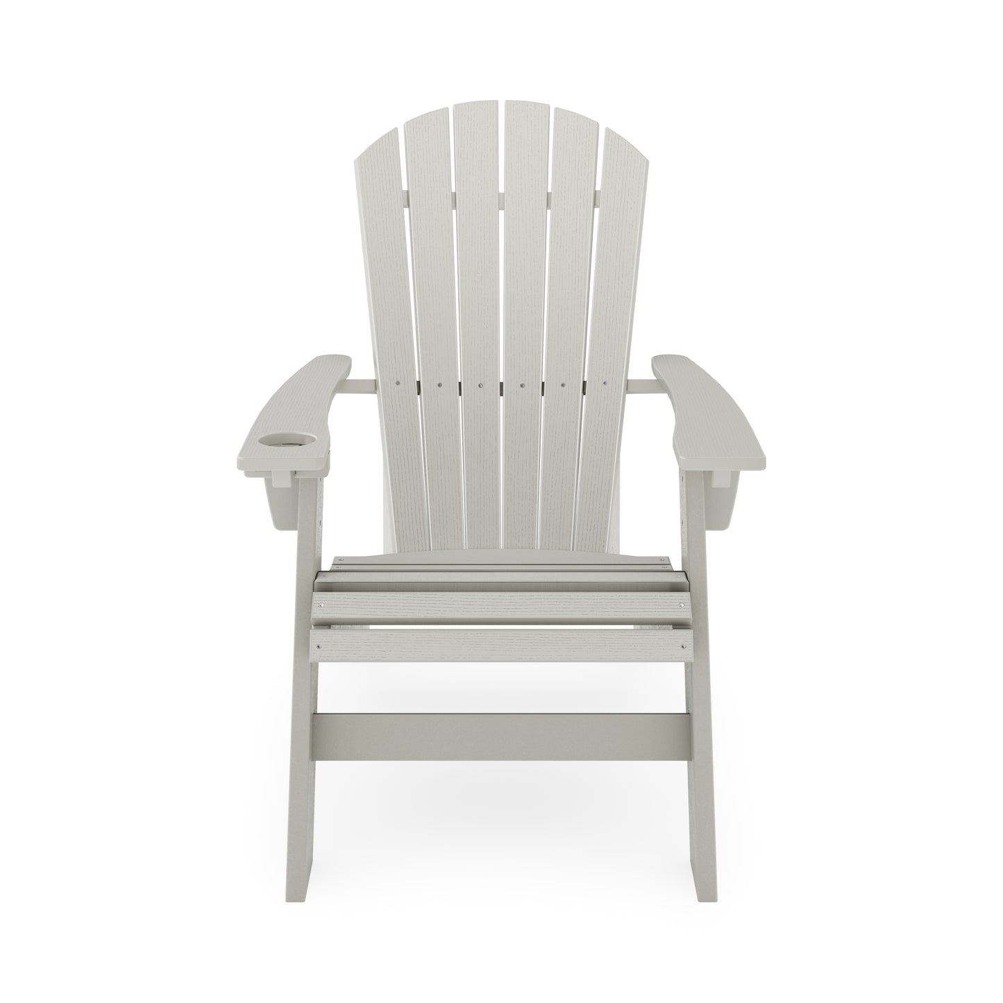 Light gray Adirondack chair with slatted back and integrated cup holder for patio relaxation