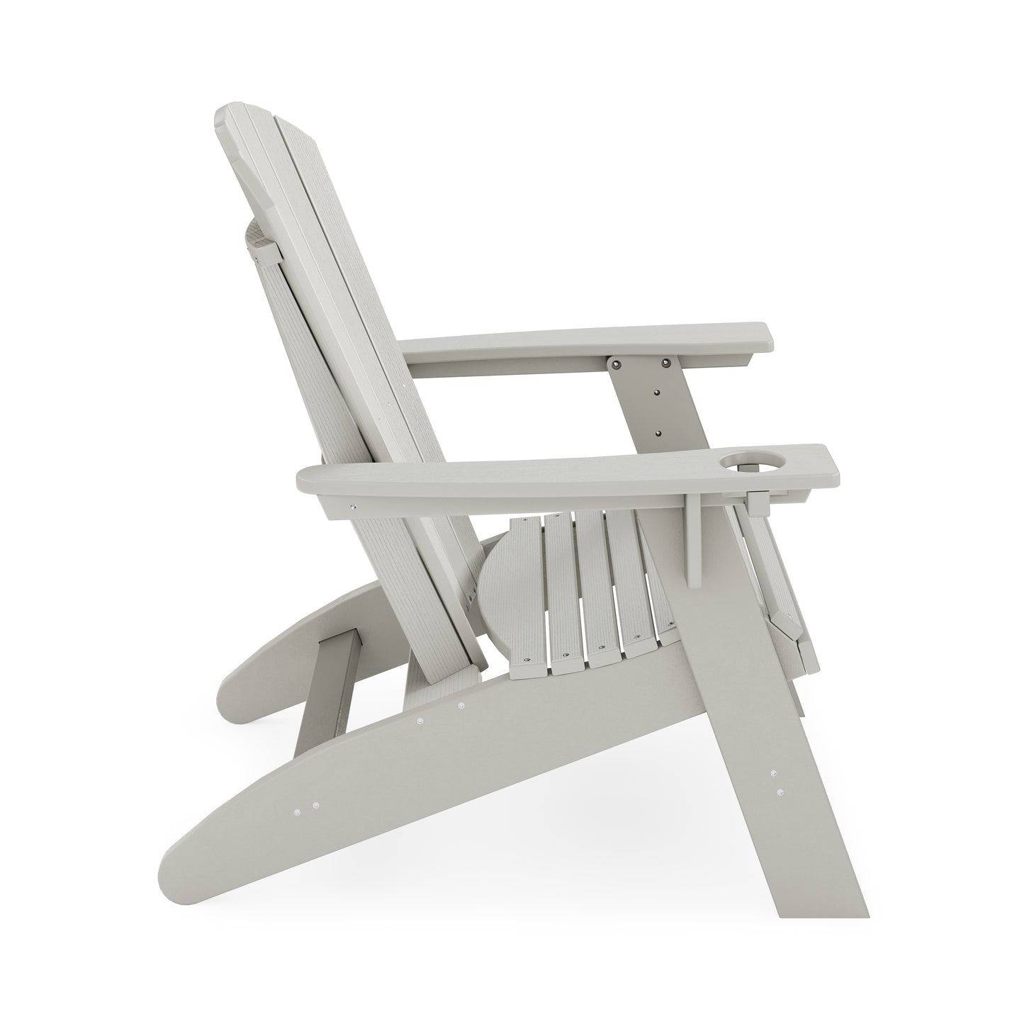 Light grey composite Adirondack chair with cup holder side view