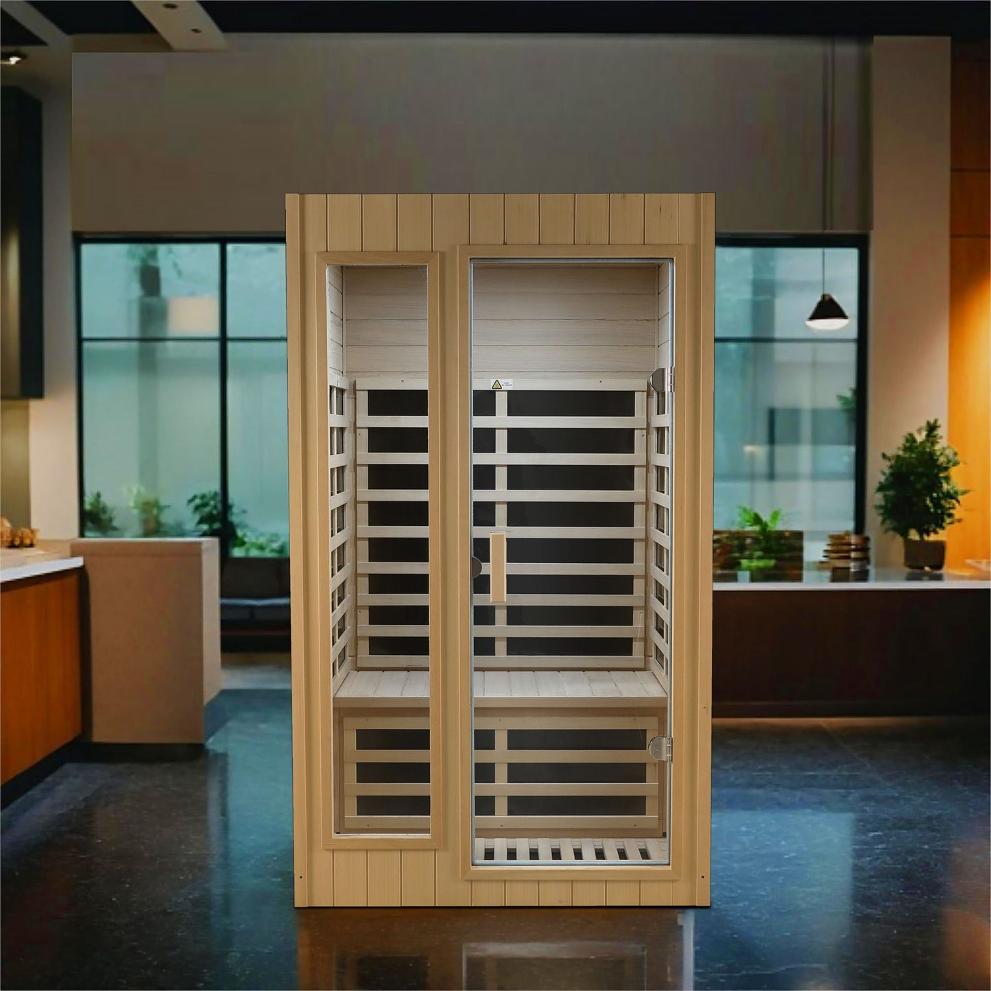 Modern cedar infrared sauna with glass doors and interior benches