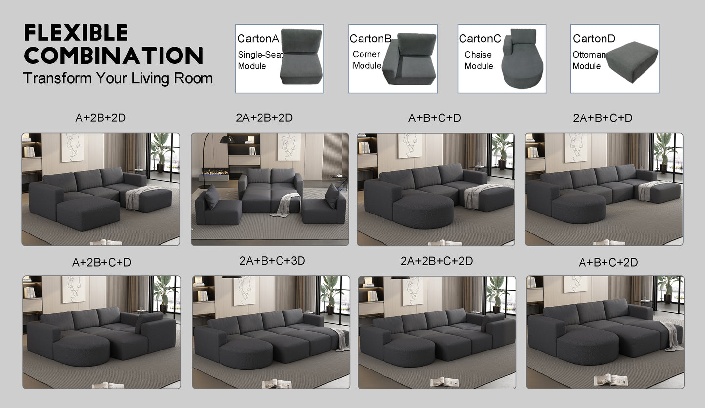 Dark grey sectional sofa with ottoman and chaise modules for flexible living room arrangement