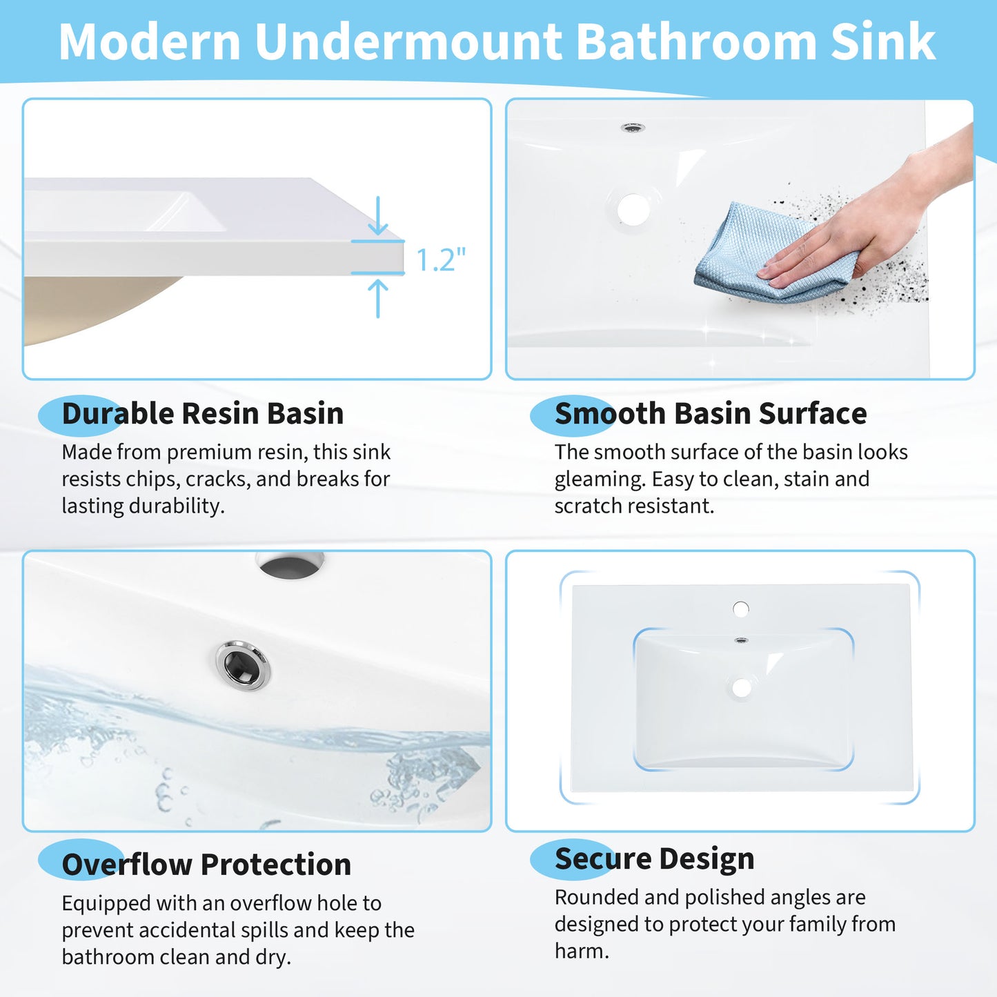 White undermount bathroom sink basin with smooth easyclean resin surface