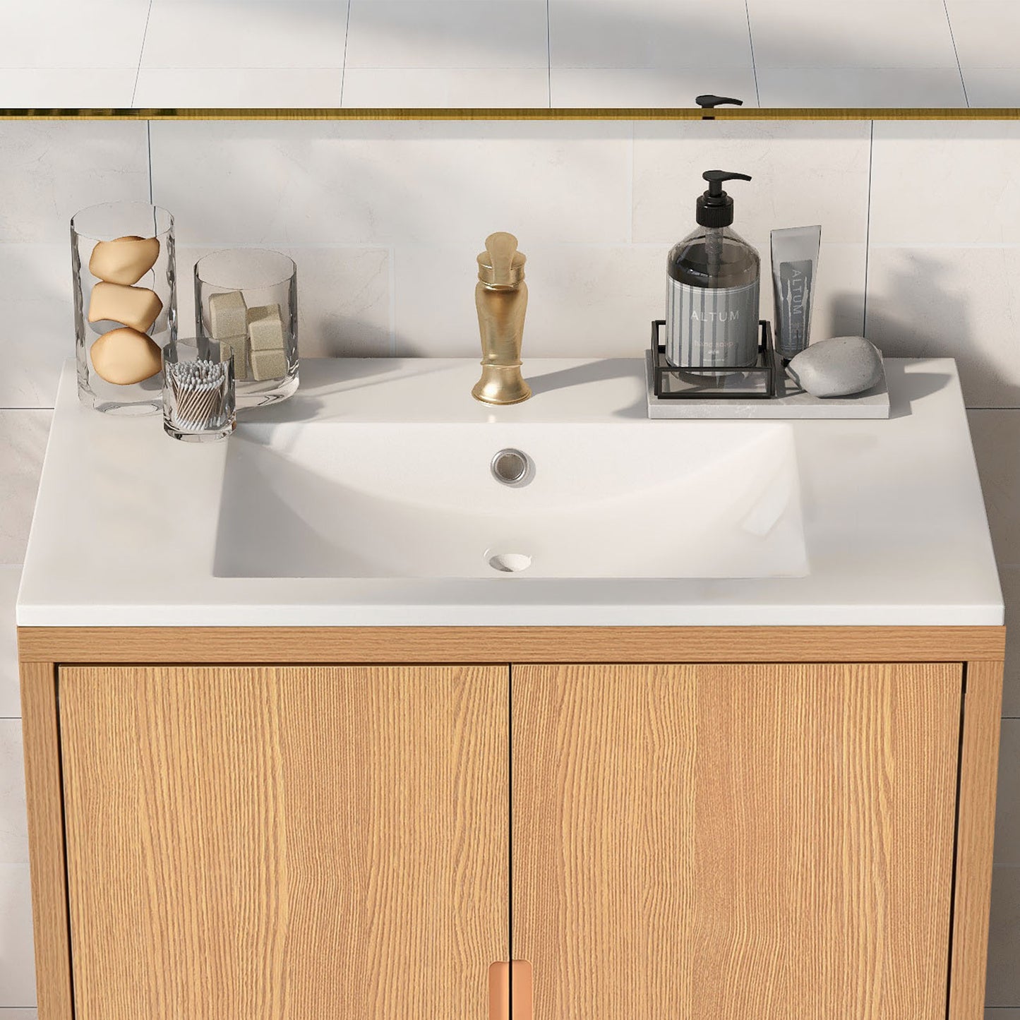 Modern bathroom vanity with natural wood finish and white ceramic sink basin