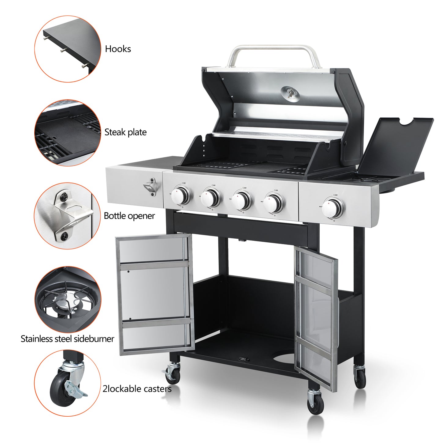 Gas grill with integrated bottle opener side burner and five burners for outdoor cooking