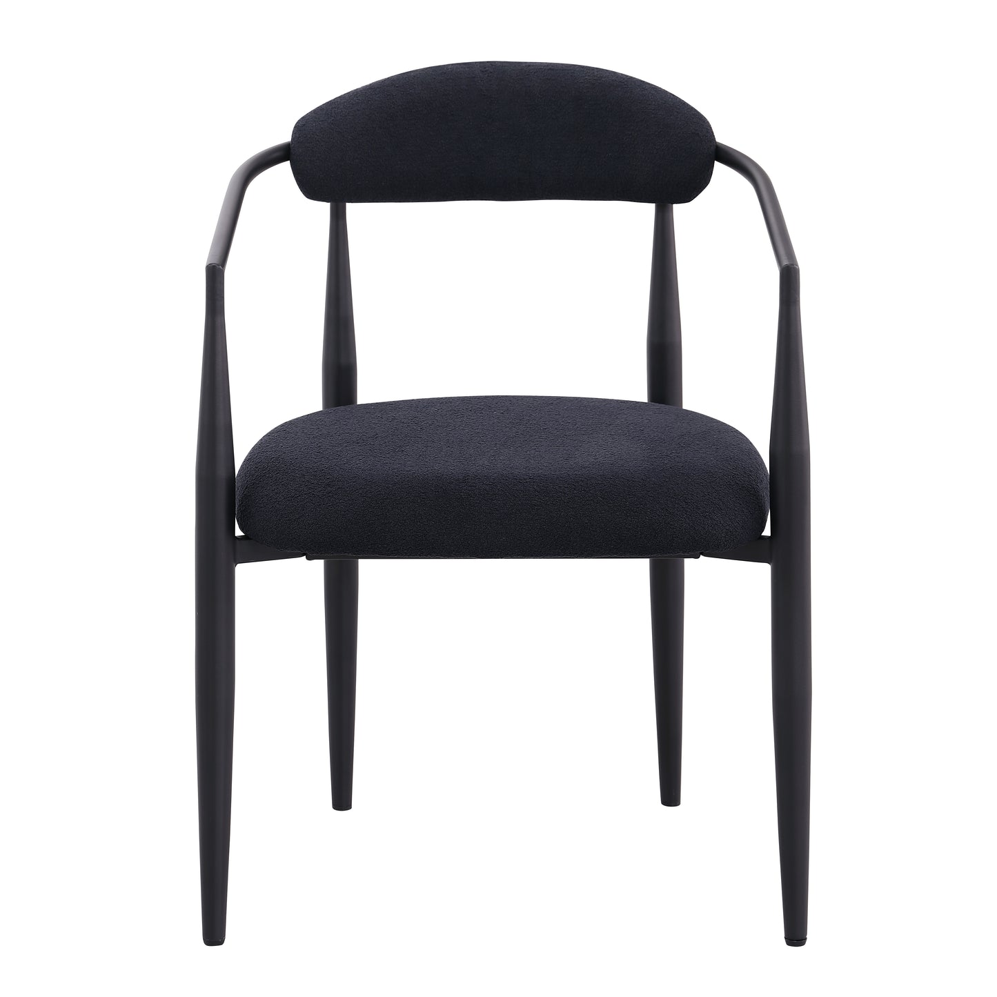 Black upholstered armchair with a curved back and dark metal frame modern accent chair