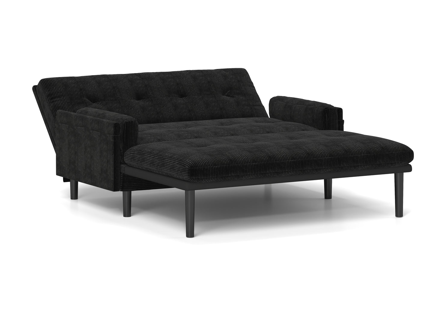 Black corduroy sofa bed with tufted seating and a chaise extension