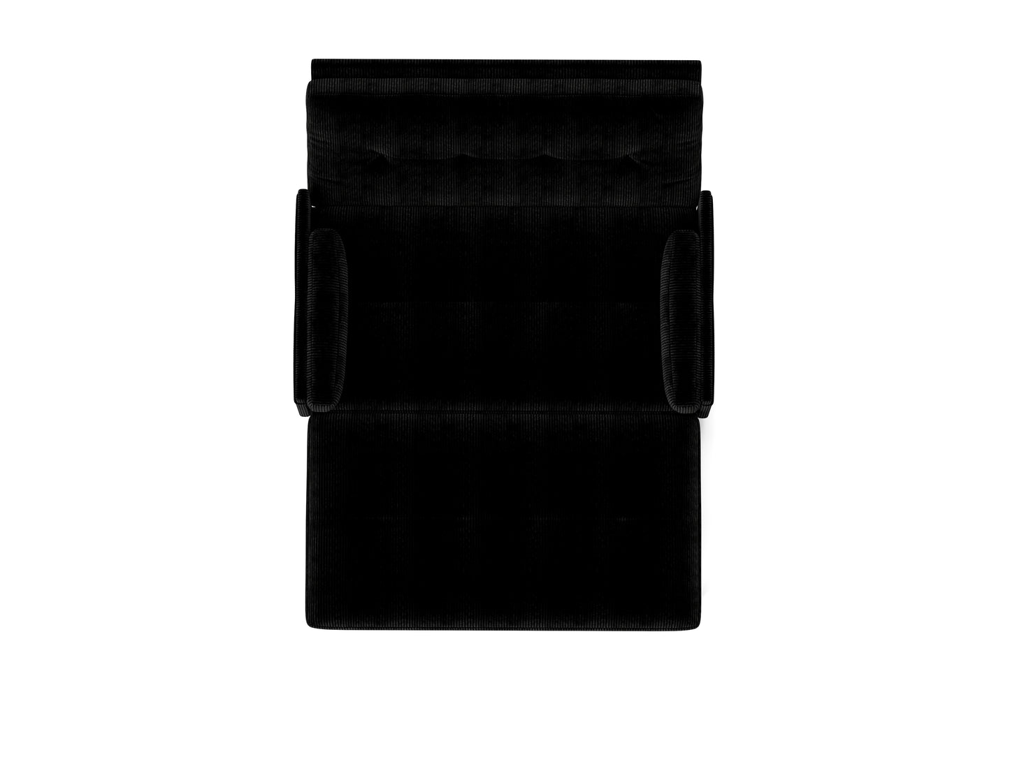 Black corduroy armchair with plush cushioning and rolled arms