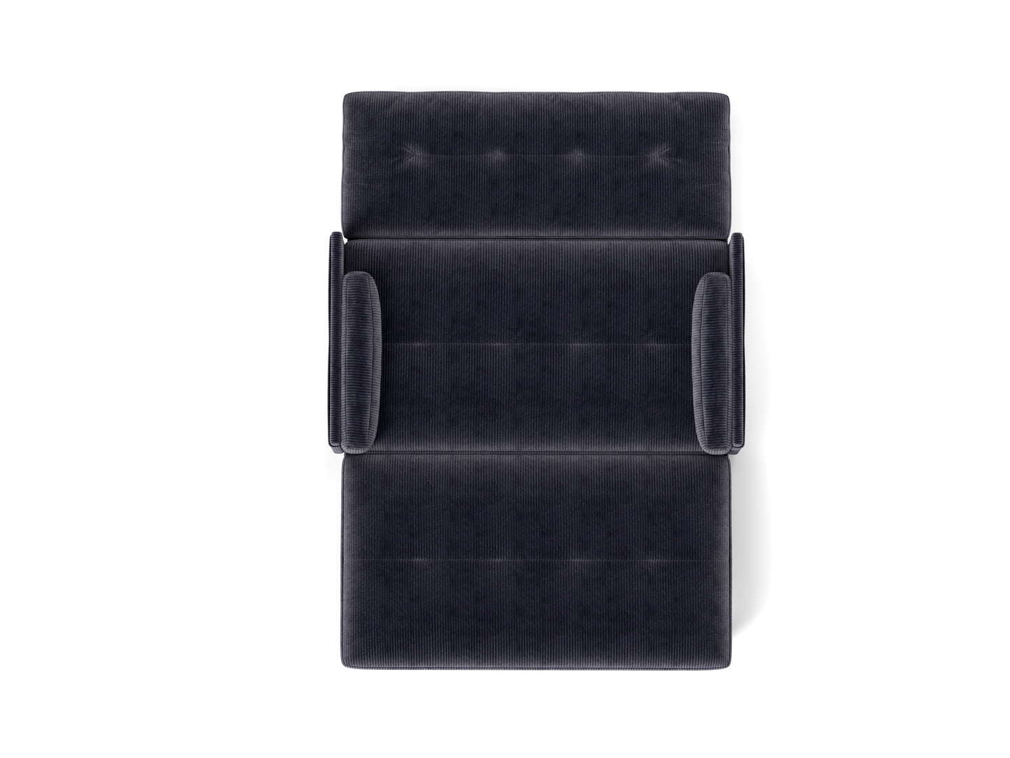 Dark navy corduroy lounge chair with tufted back and wide armrests
