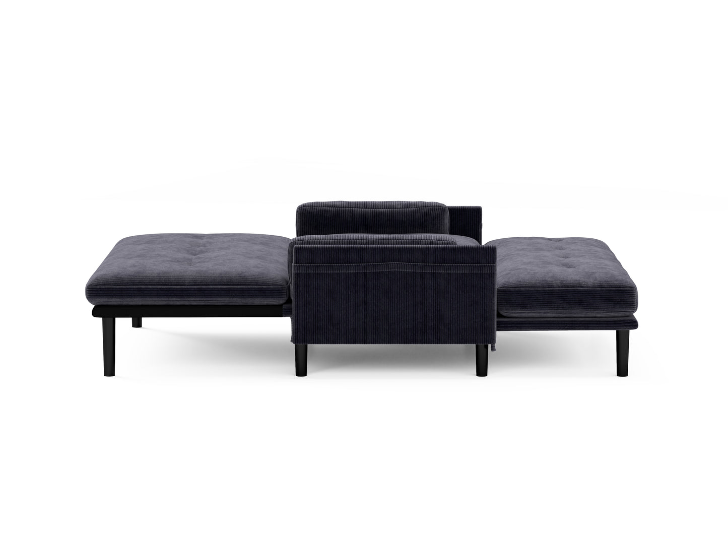 Dark grey corduroy sofa with tufted seat cushions and modern black legs perfect for living rooms