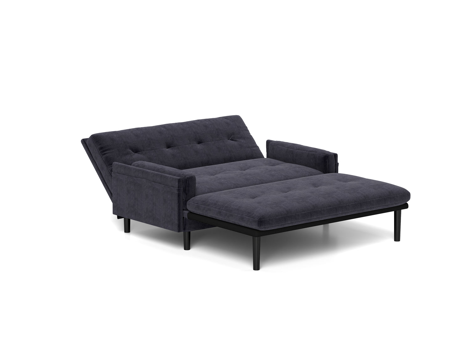 Dark gray corduroy sofa bed with tufted cushions and an extended ottoman