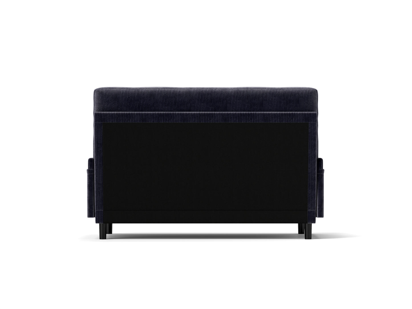 Back view of a navy blue corduroy armchair with black legs