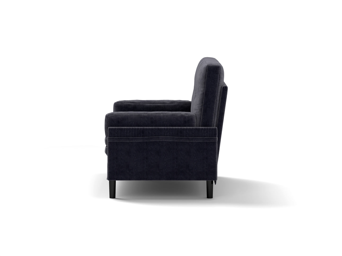 Dark grey corduroy armchair with boxy arms and clean lines perfect for modern living rooms
