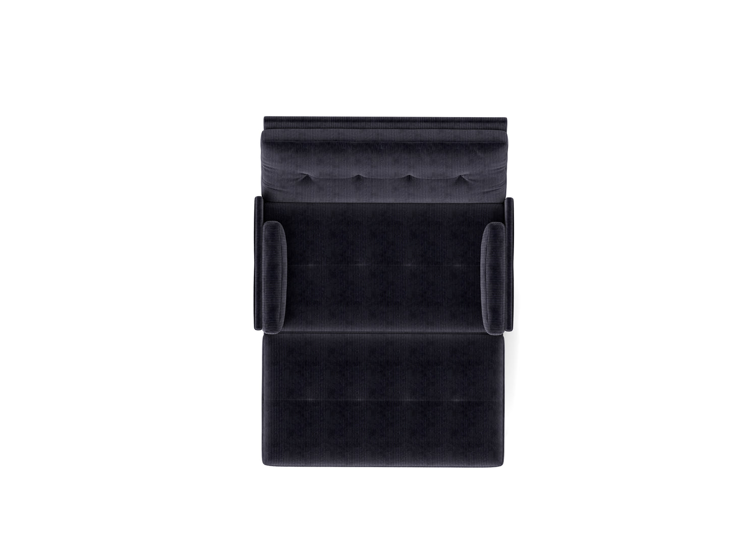 Top view of a deep navy corduroy upholstered armchair with button tufting