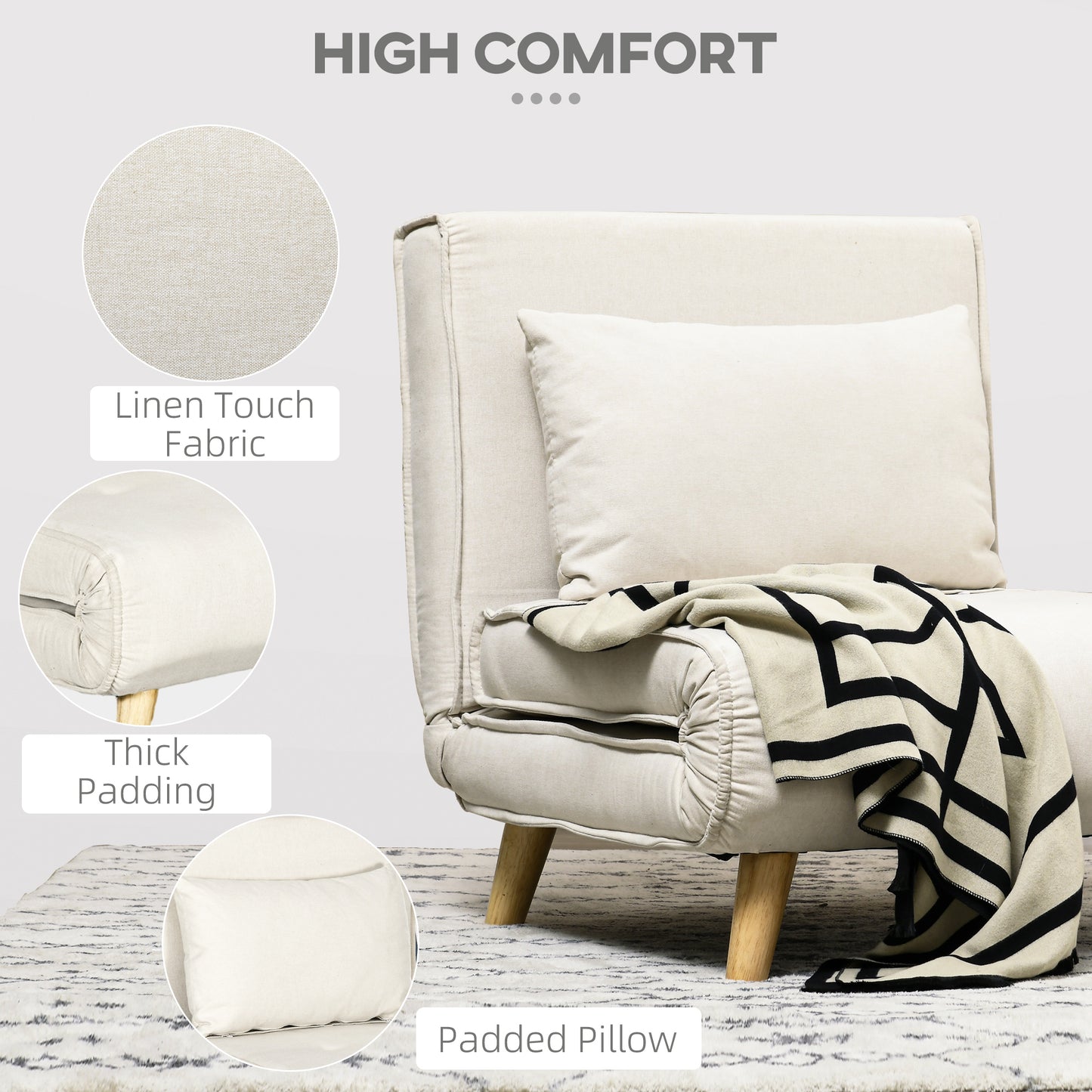 Comfortable beige linentouch sofa with thick padding and a plush cushion