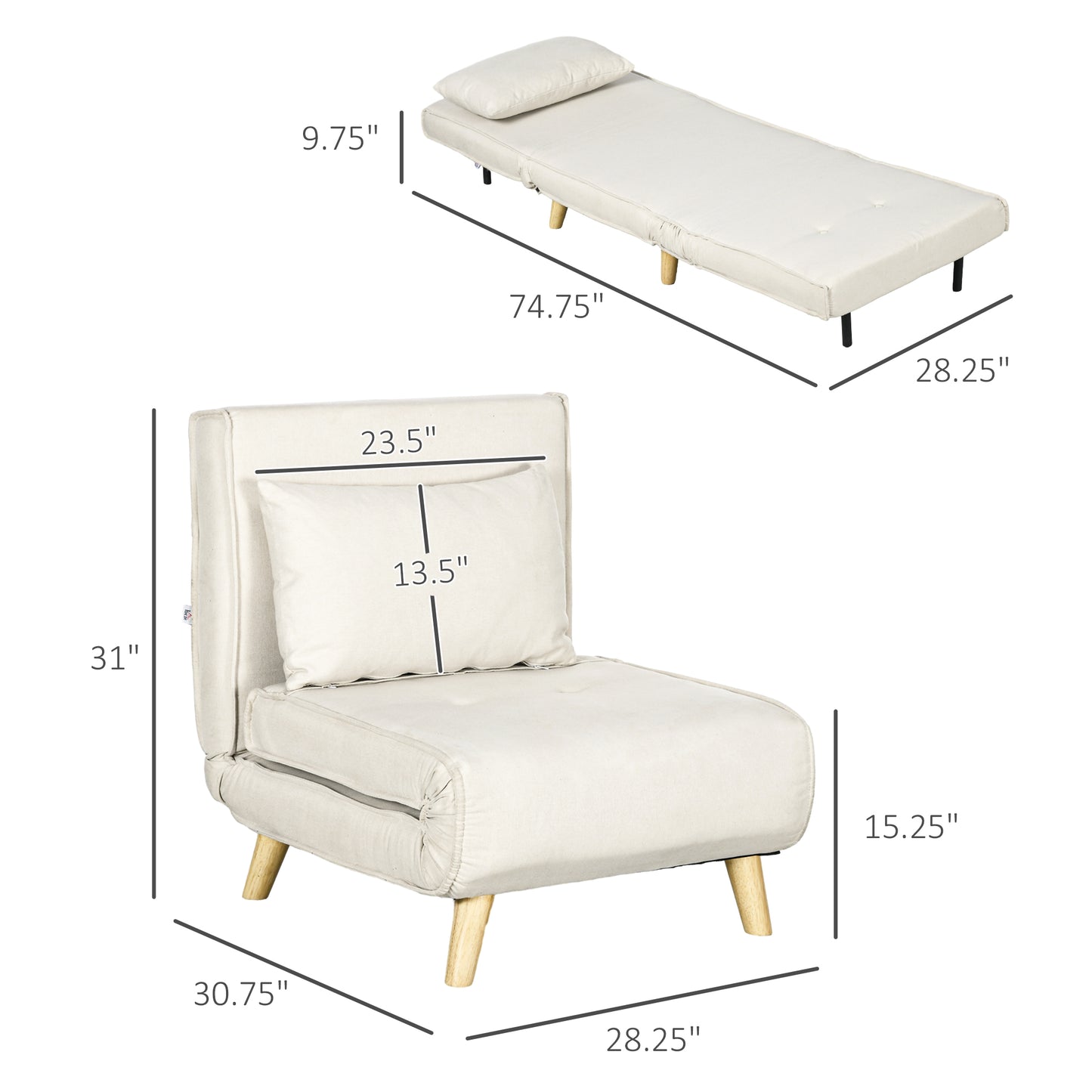 Cream linen convertible chair bed with wooden legs wide