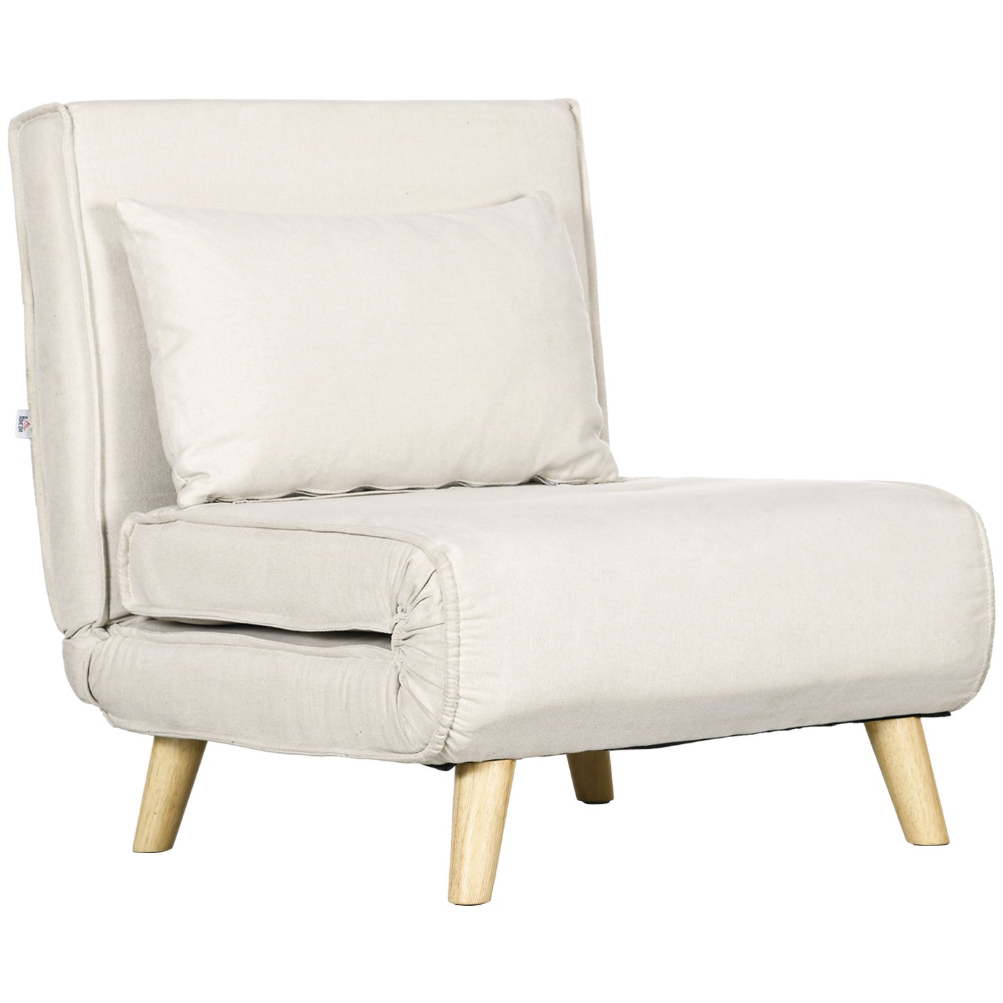 Cream linen convertible chair with wooden legs and a matching pillow