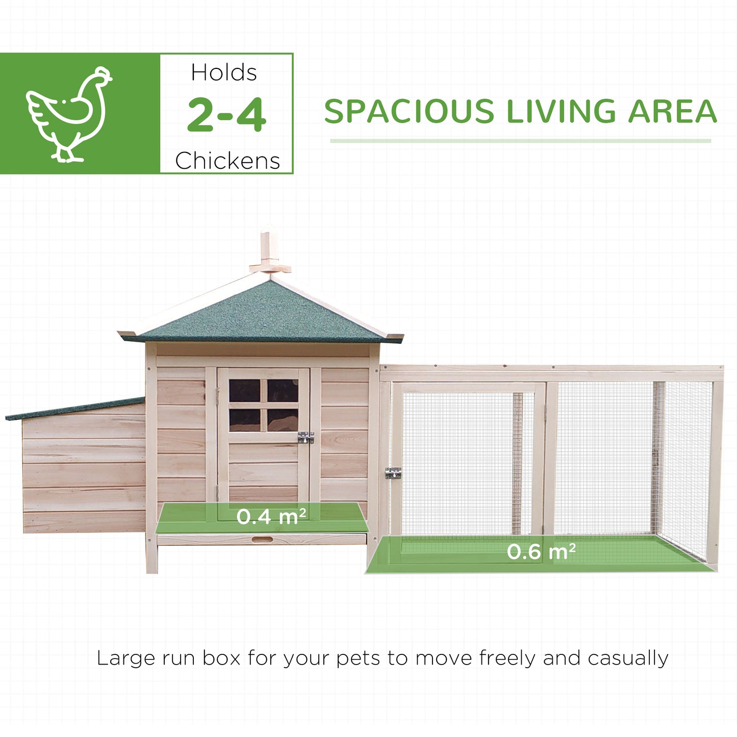 Wooden chicken coop with two sections one enclosed house and one large wire run