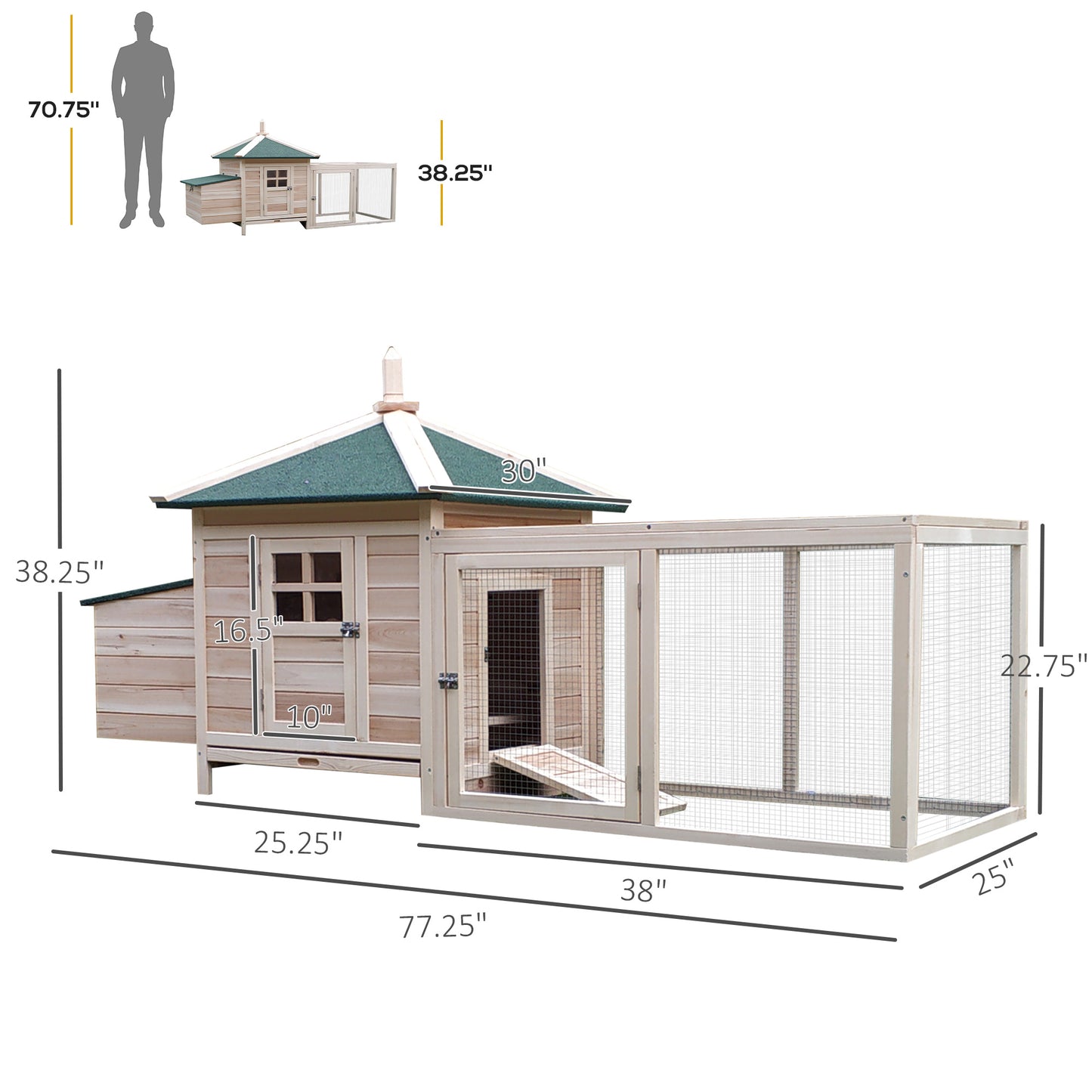 Wooden chicken coop with green roof and large run for backyard pets