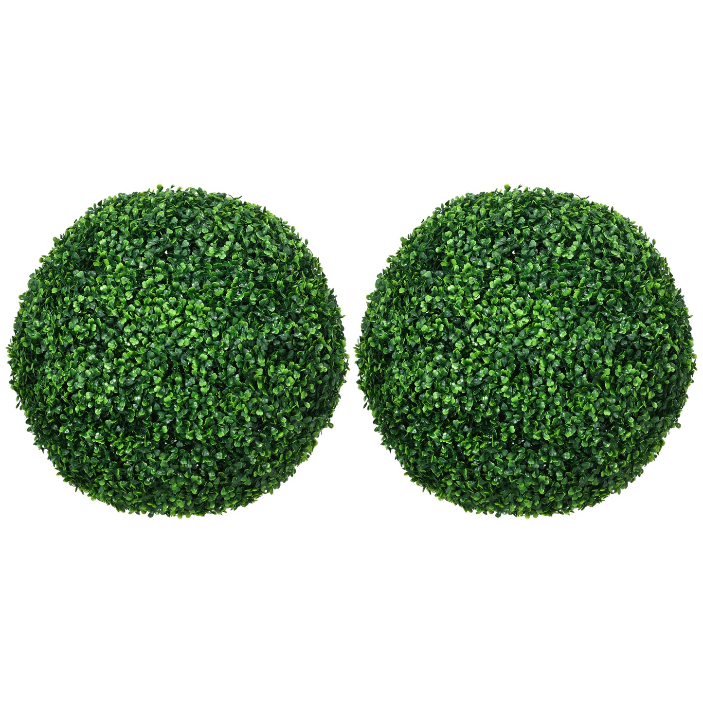 Two realistic green artificial boxwood topiaries shaped as spheres perfect for outdoor decoration