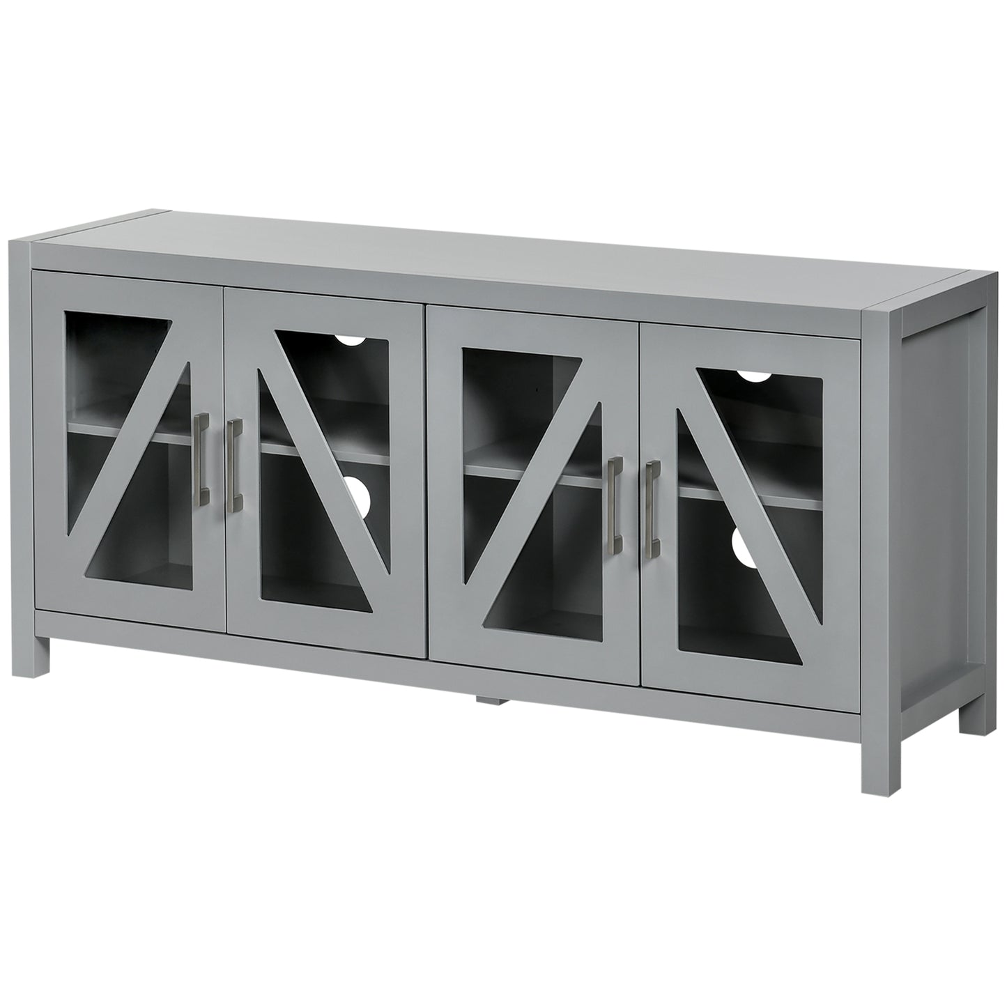 Grey farmhouse media console with four glass doors and silver handles