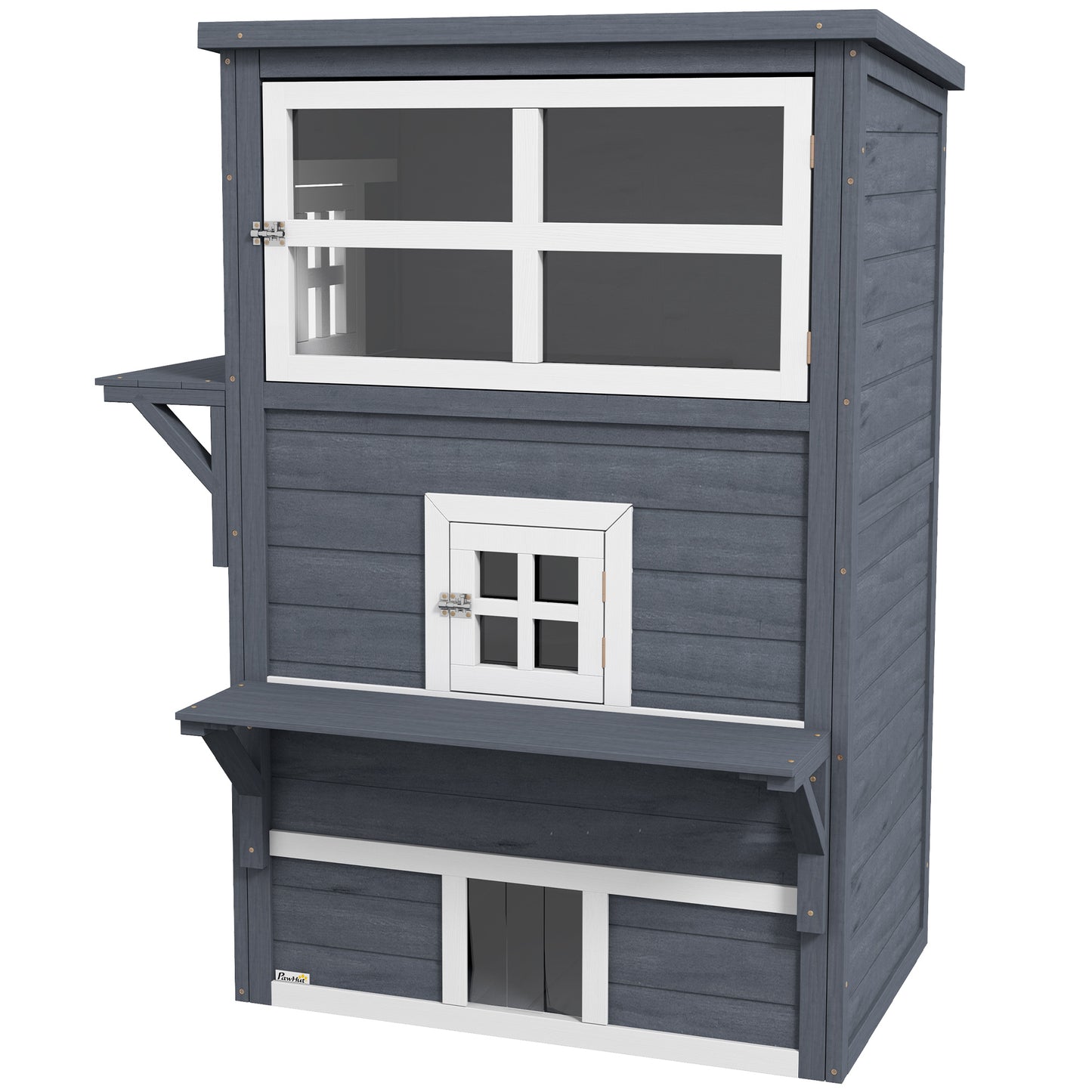 Dark gray wooden cat condo with two levels balconies and windows for outdoor pets