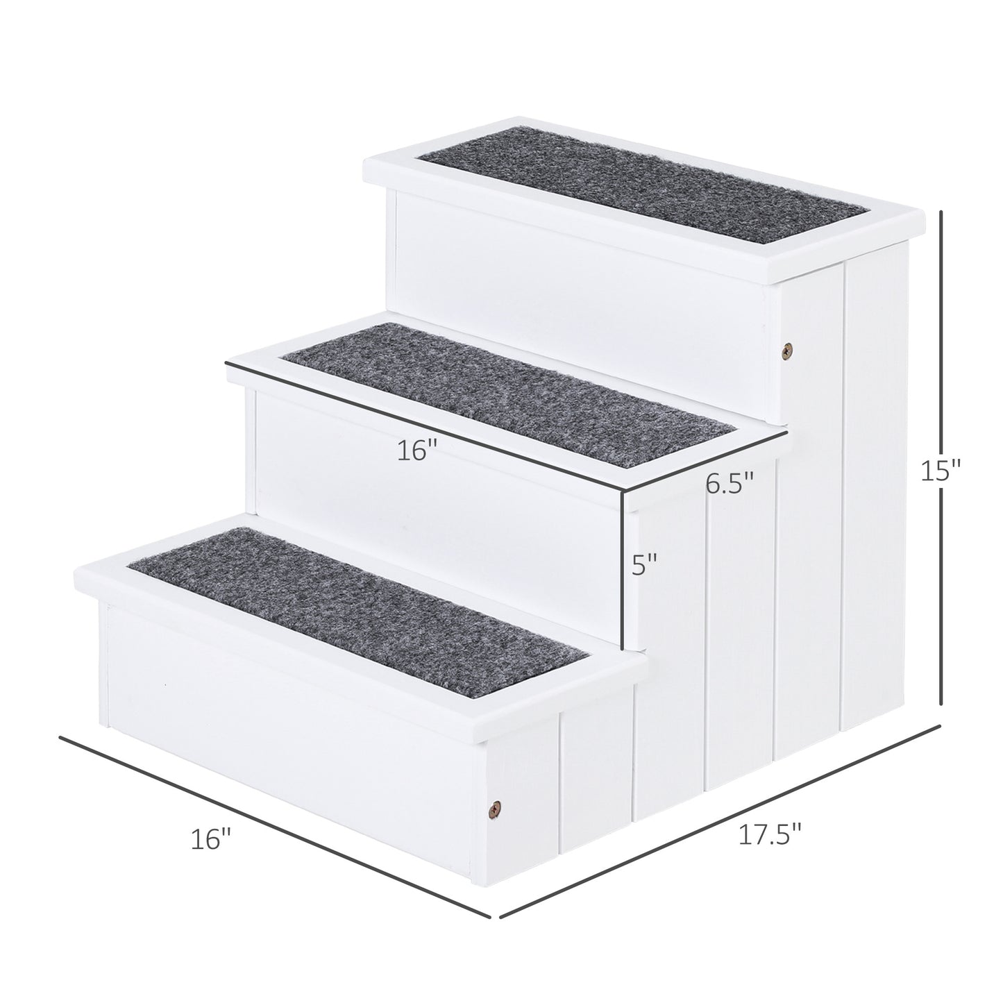 White threestep pet stairs with carpeted treads ideal for helping dogs reach furniture