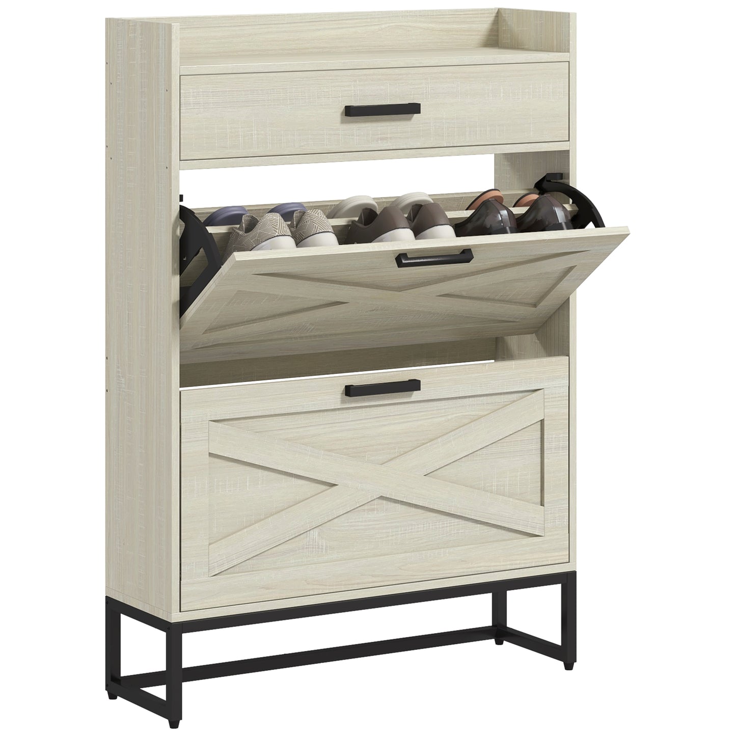 Light wood shoe cabinet with open and closed compartments and black metal legs