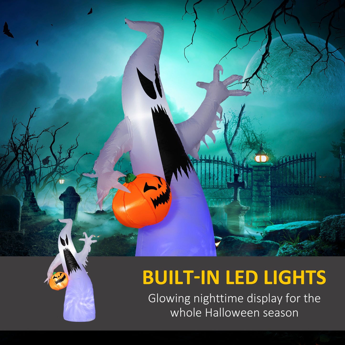 Inflatable ghost decoration with pumpkin featuring glowing LED lights for Halloween