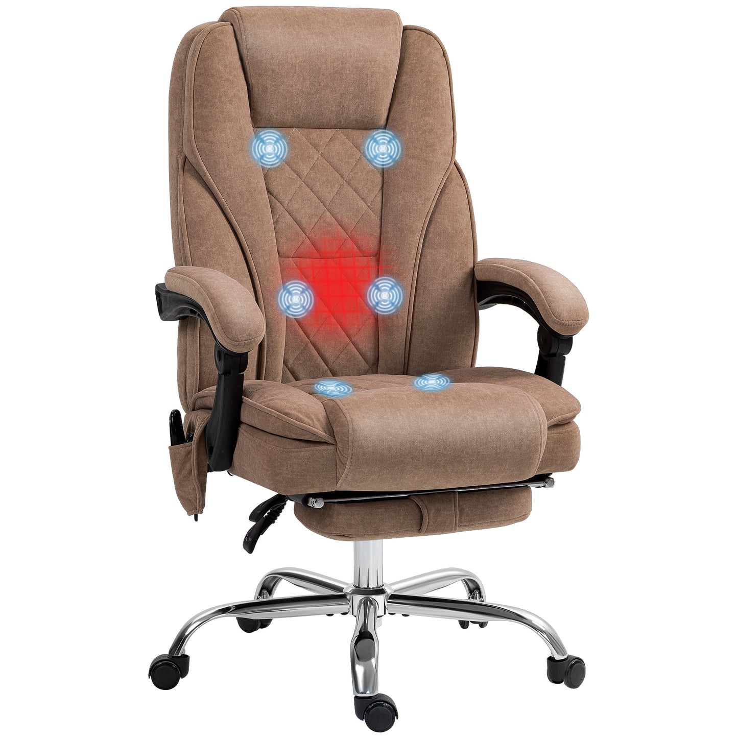 Brown executive massage chair with heated back footrest and adjustable lumbar support
