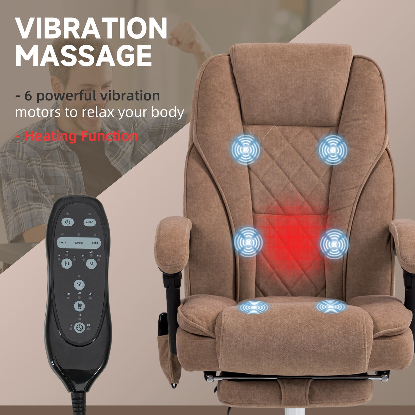 Tan fabric office chair with vibration motors and heating function for ultimate relaxation