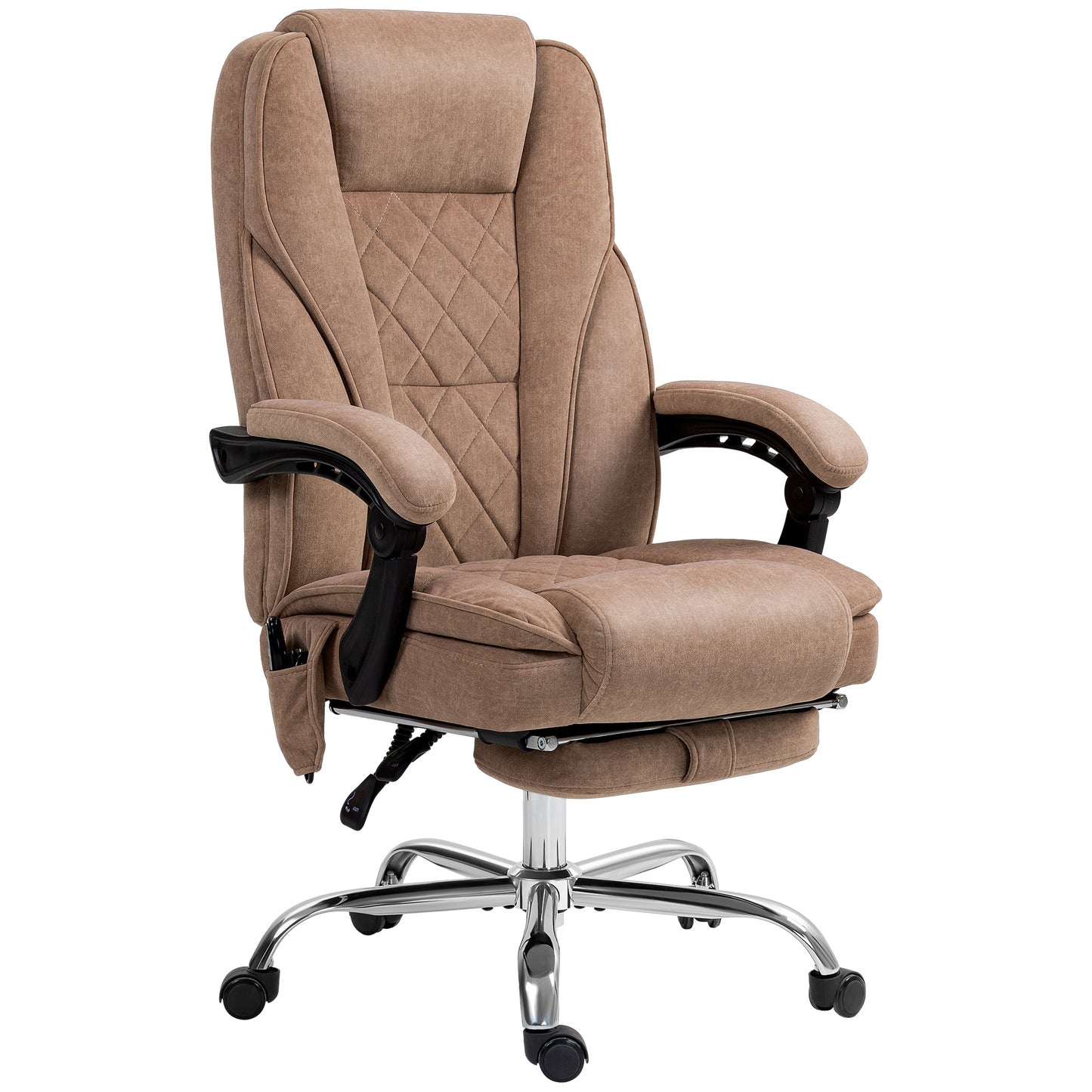 Taupe executive office chair with quilted back and retractable footrest for comfortable work