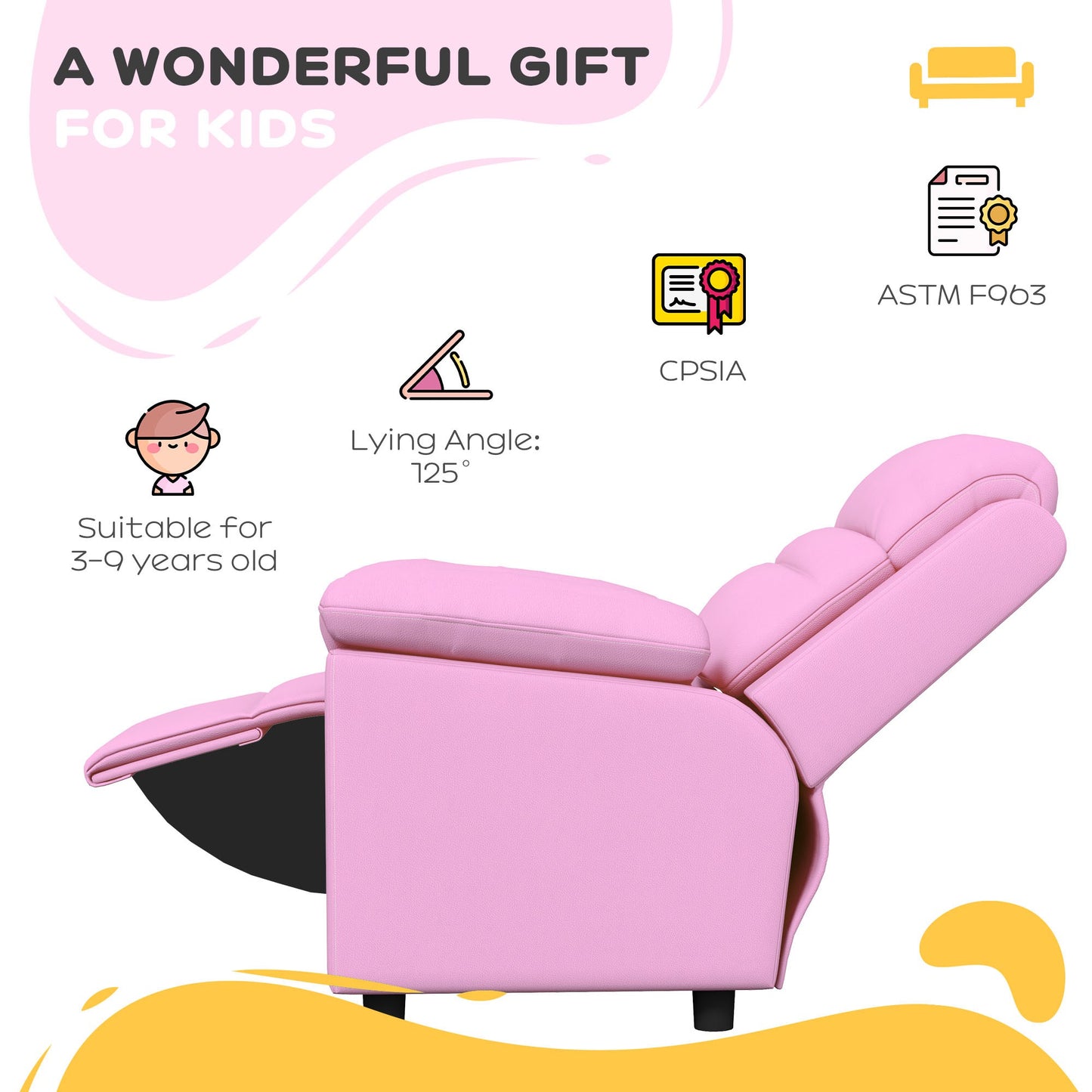 Pink upholstered kids recliner with adjustable lying angle