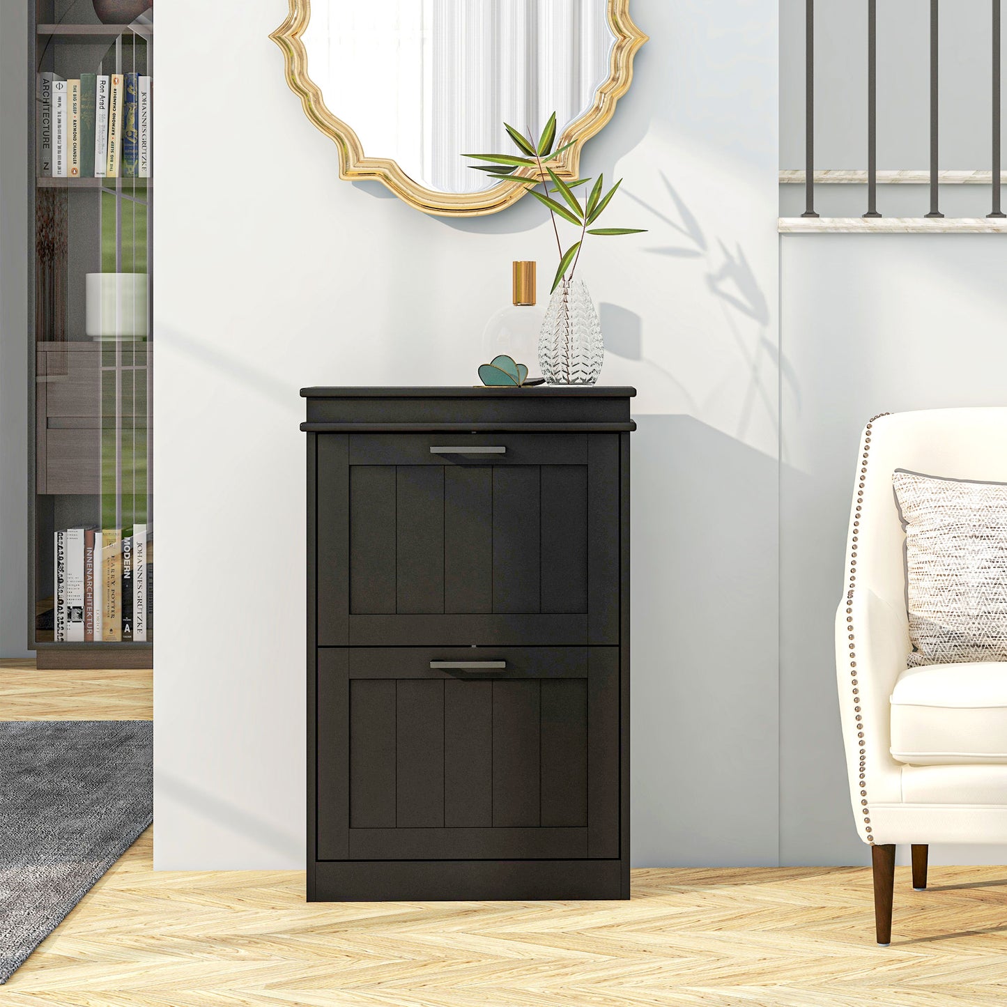 Black twodoor shoe cabinet with silver handles ideal for entryway organization