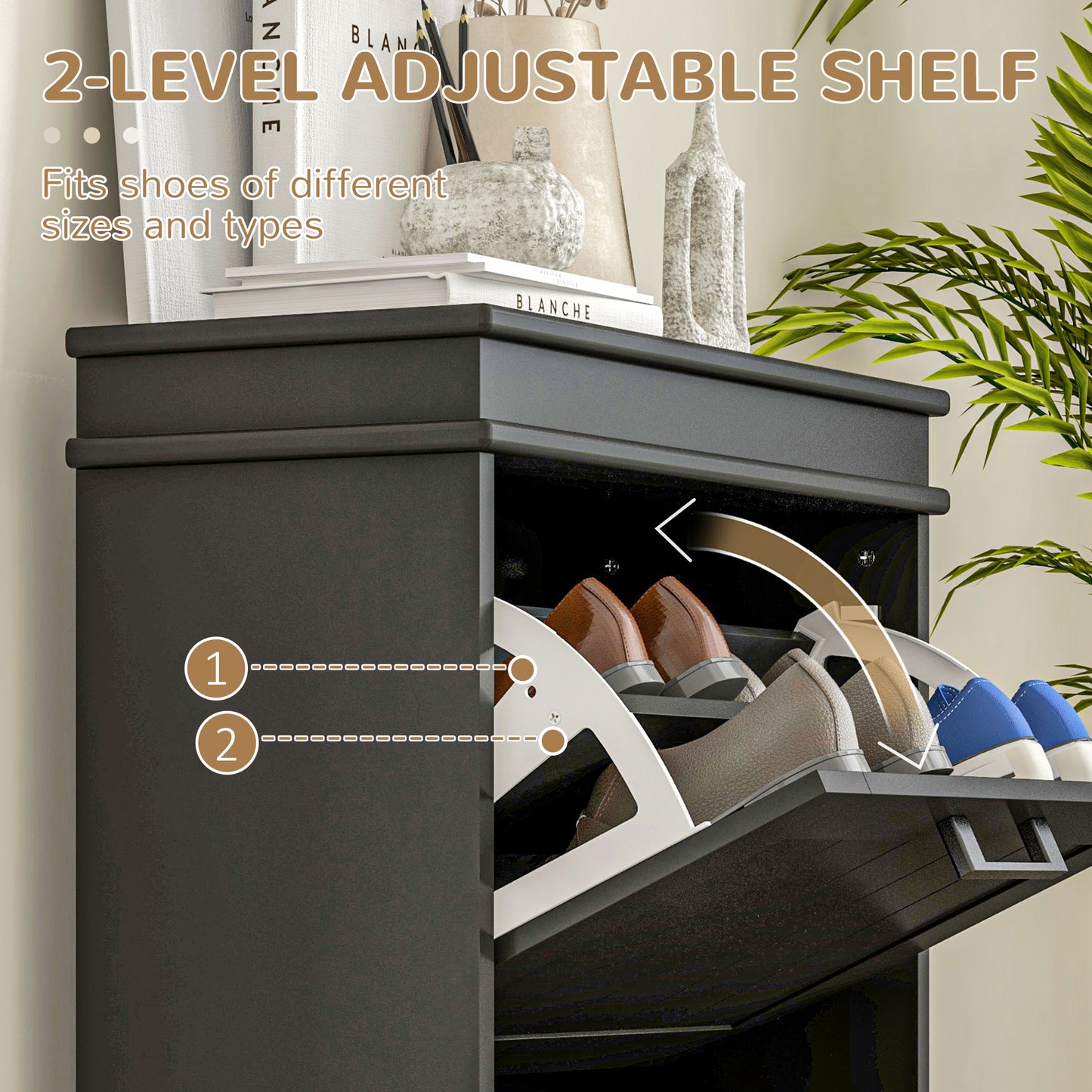 Dark gray modern level adjustable shoe cabinet with flipout drawers holding mens dress shoes