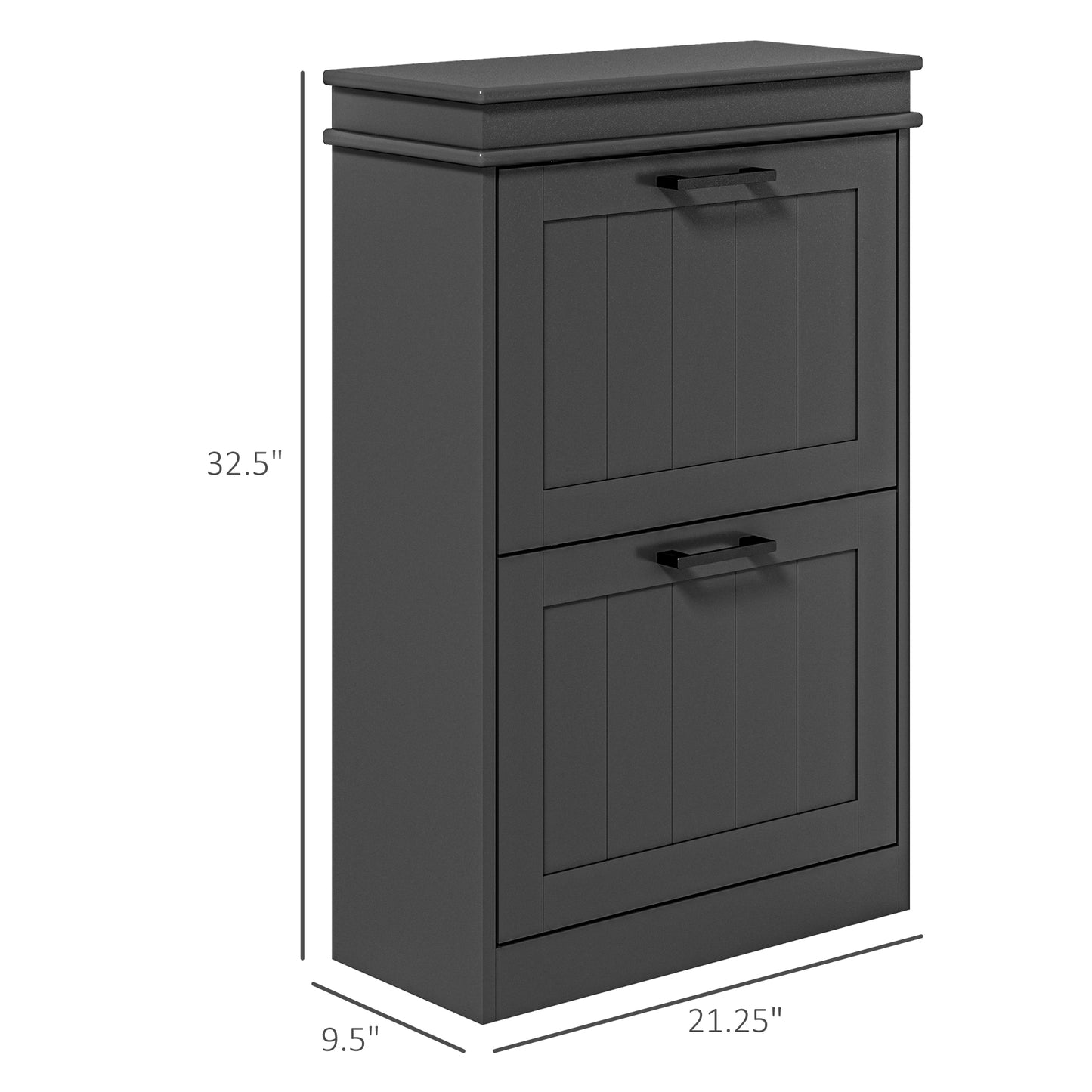 Dark gray twodoor narrow cabinet with paneled doors and black handles