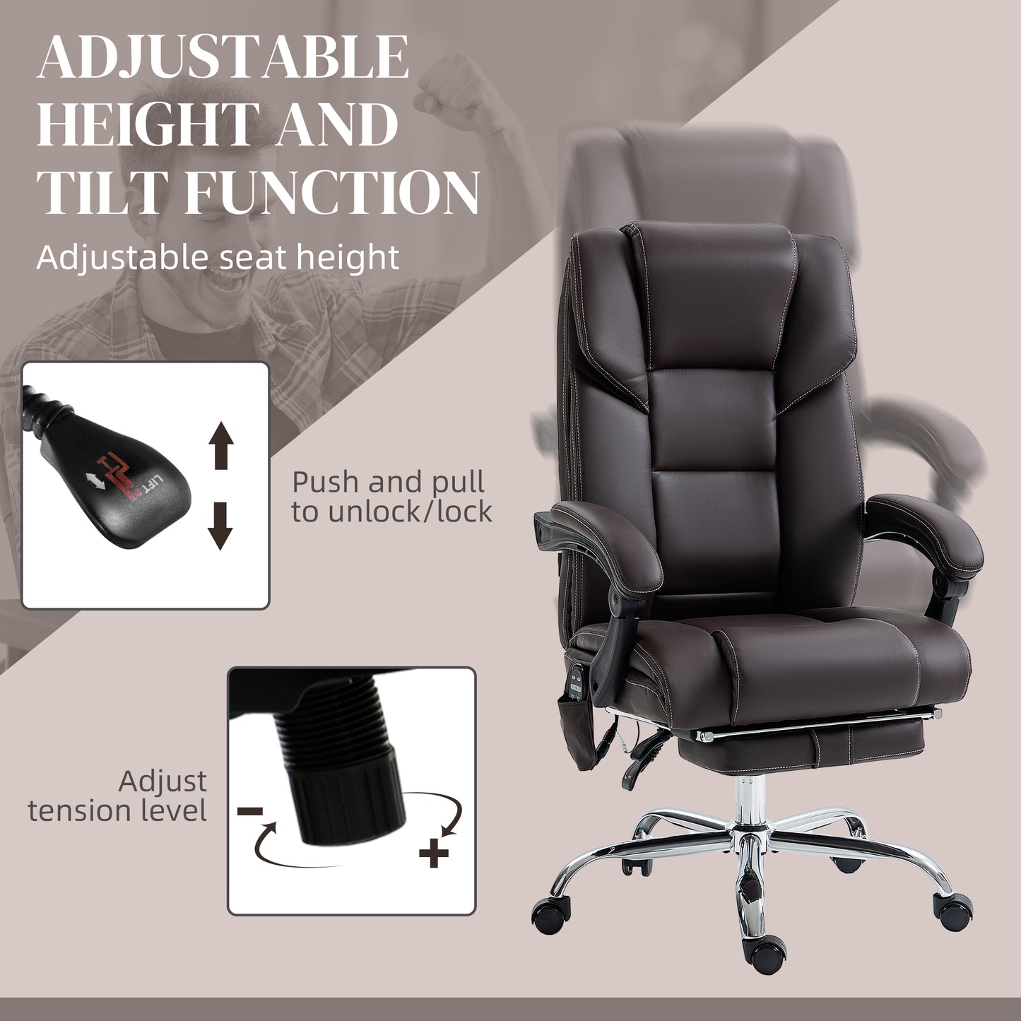 Dark brown ergonomic office chair with adjustable height and tilt function