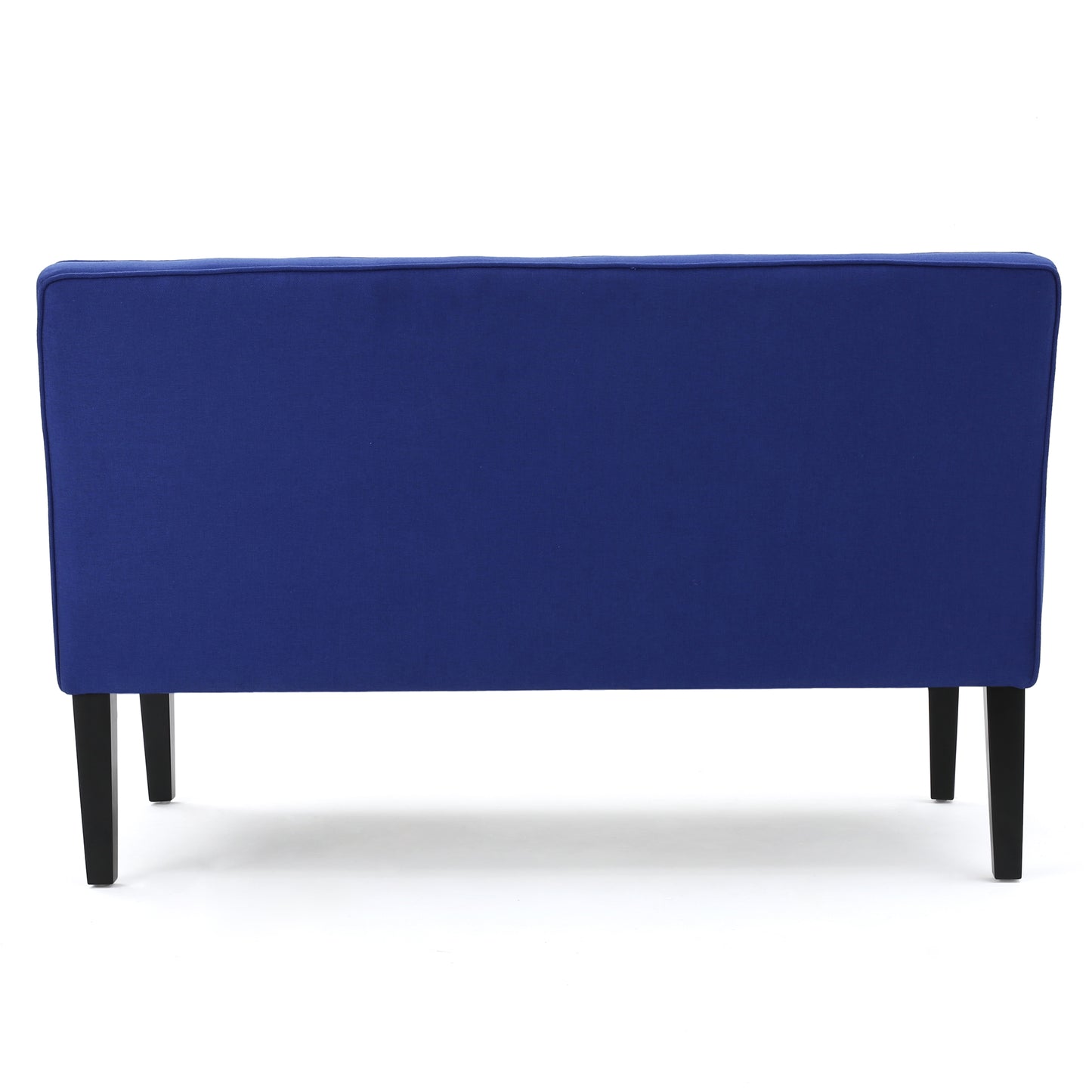 Back view of a royal blue upholstered loveseat with dark wood legs