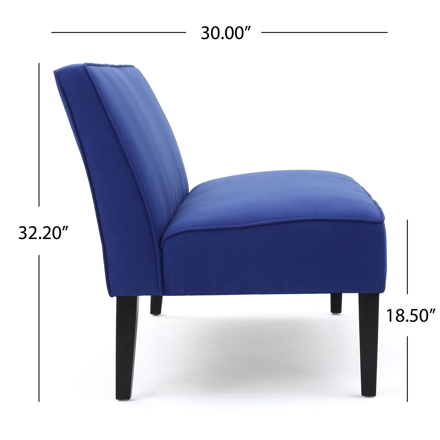 Side view of a royal blue fabric accent chair with black tapered legs ideal for small spaces
